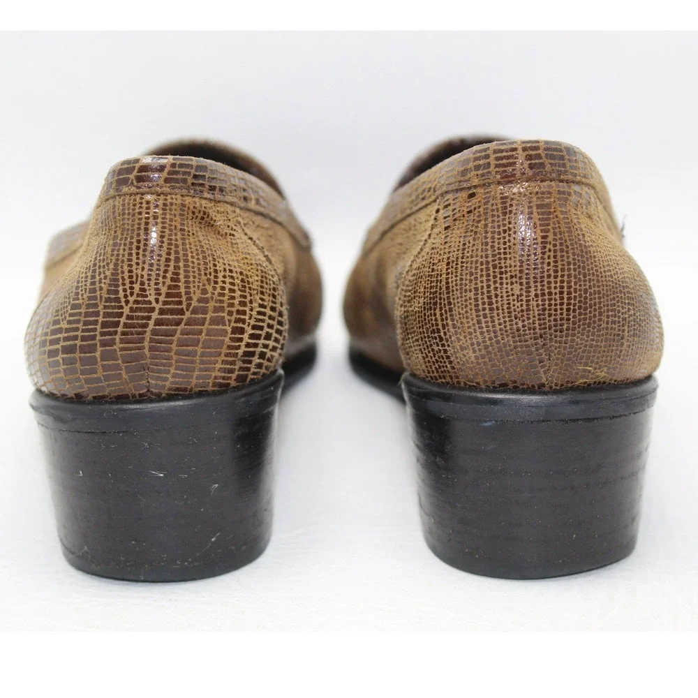 Stuart Weitzman Brown Lizard Embossed‎ Leather Tassel Loafers Block Heel 6.5B